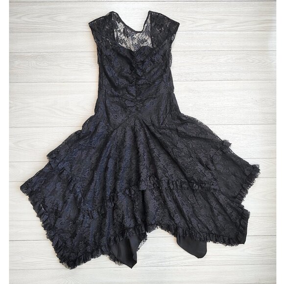 Vintage 80s-90s Black Lace Dress Fredericks Hollywood Handkerchief Goth Prom L - Picture 7 of 17